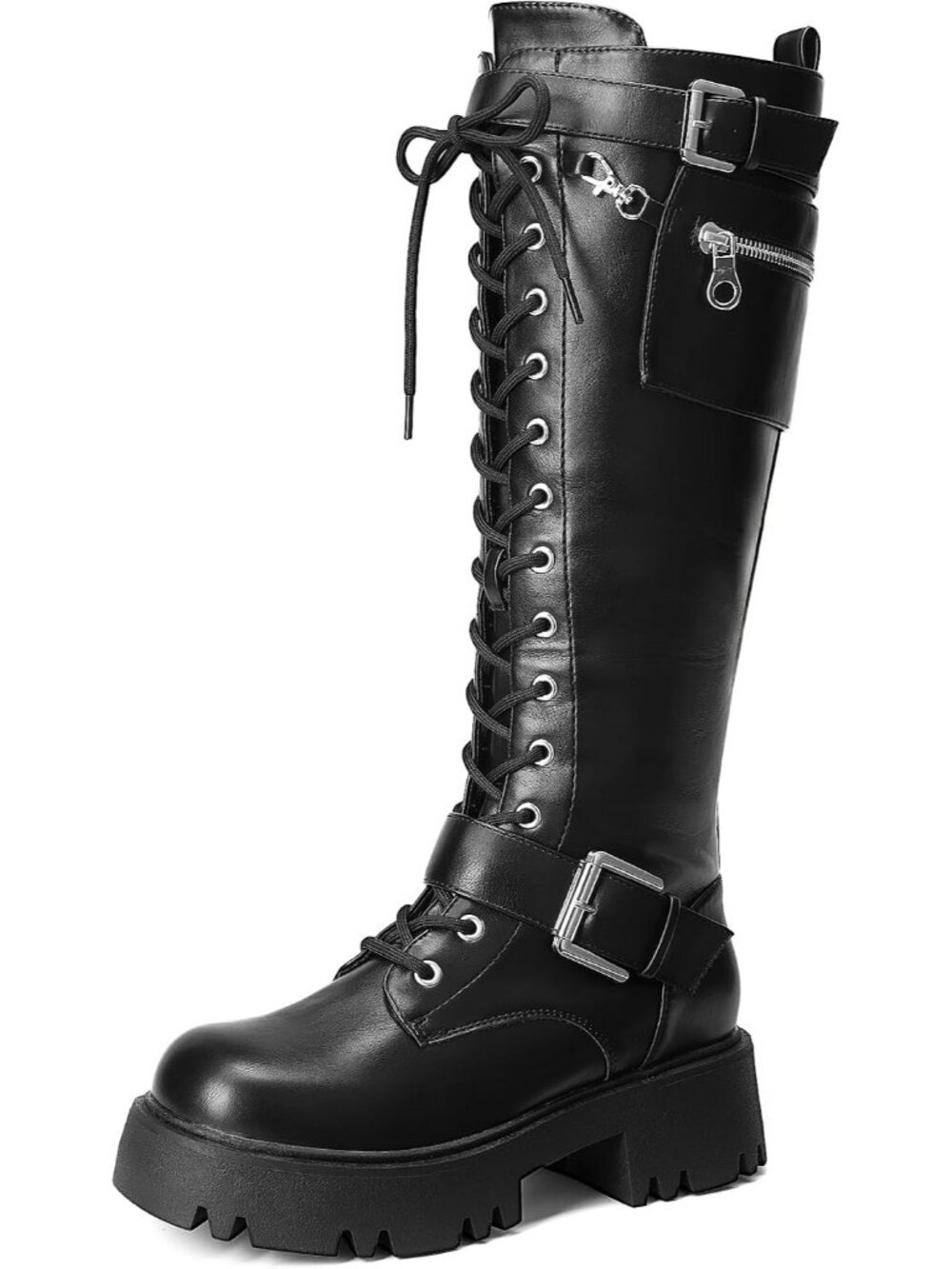 Women's Black Faux Leather Lace-up Inside Zipper Removable Pocket Knee High Boot